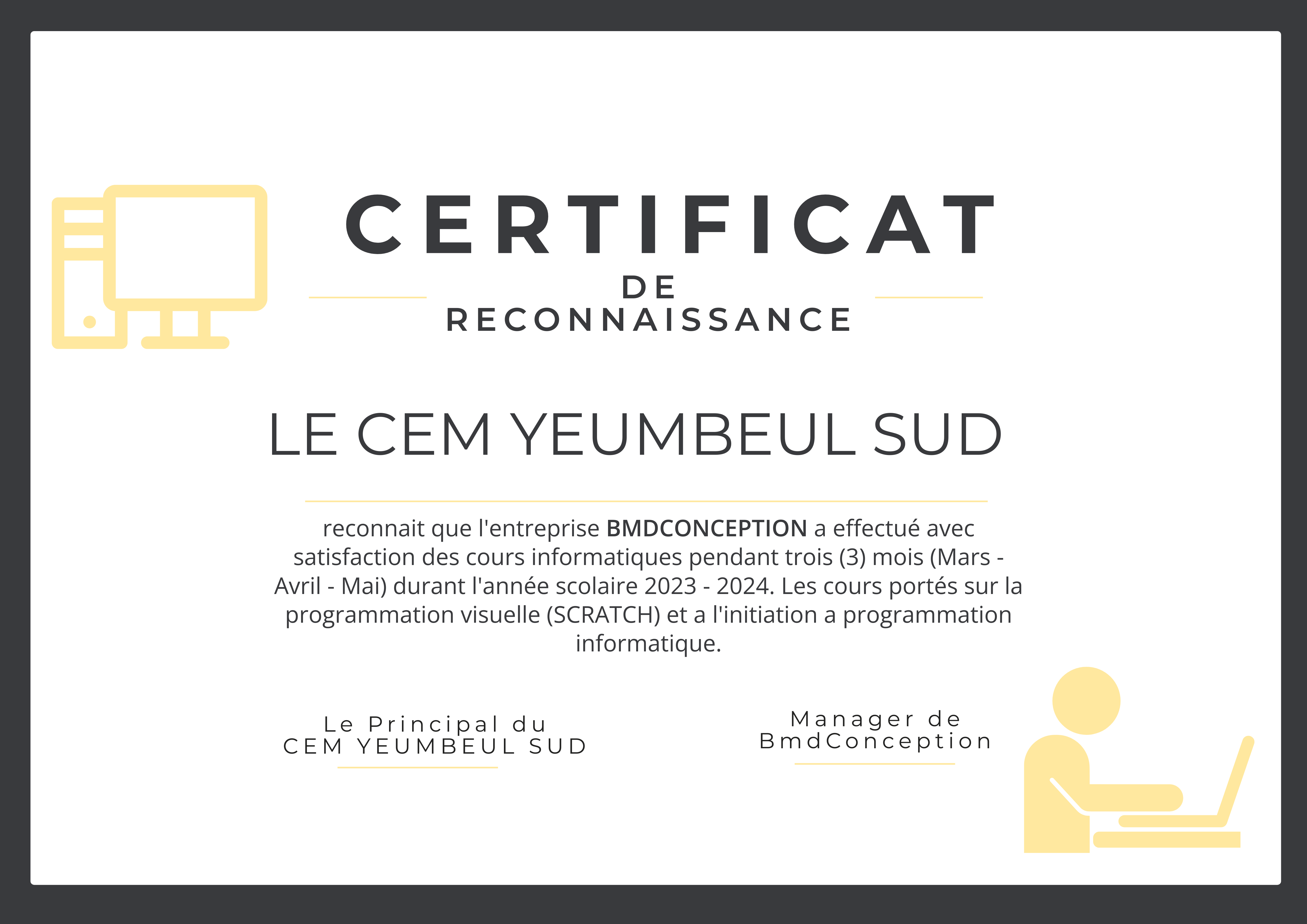 Certificat de reconnaissance CEM Yeumbeul Sud