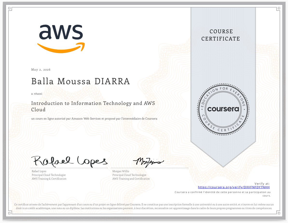 Certificat AWS Introduction to Information Technology and AWS Cloud