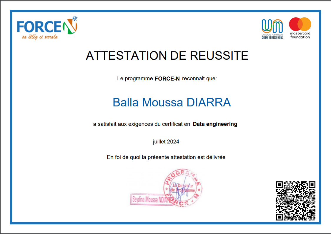 Certificat FORCE-N Data Engineering