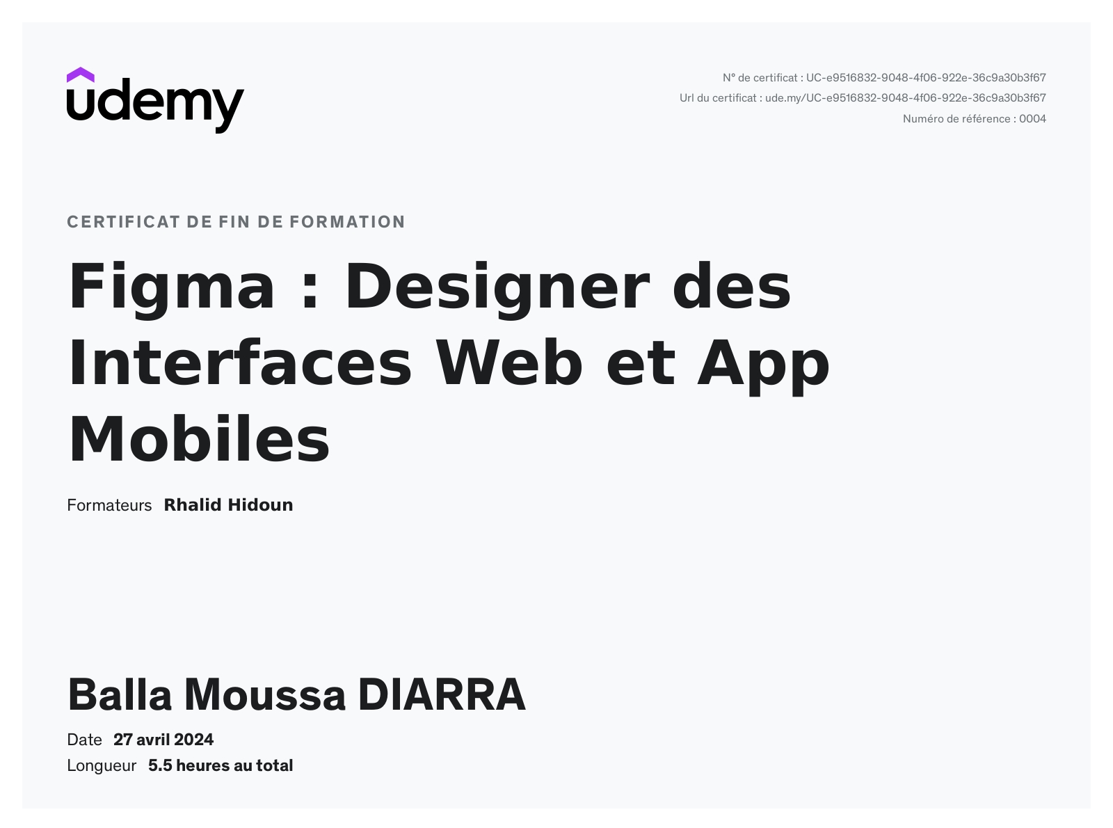 Certificat Udemy Figma Designer des Interfaces Web et App Mobiles