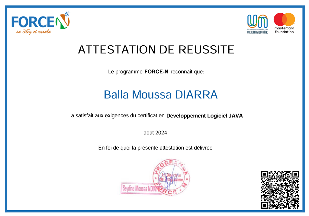 Certificat FORCE-N Développement Logiciel Java