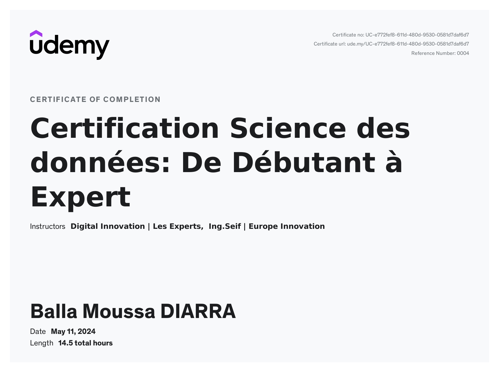 Certificat Udemy Science des données de débutant à expert