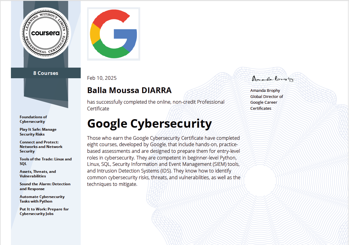 Certificat professionnel Google Cybersecurity Coursera